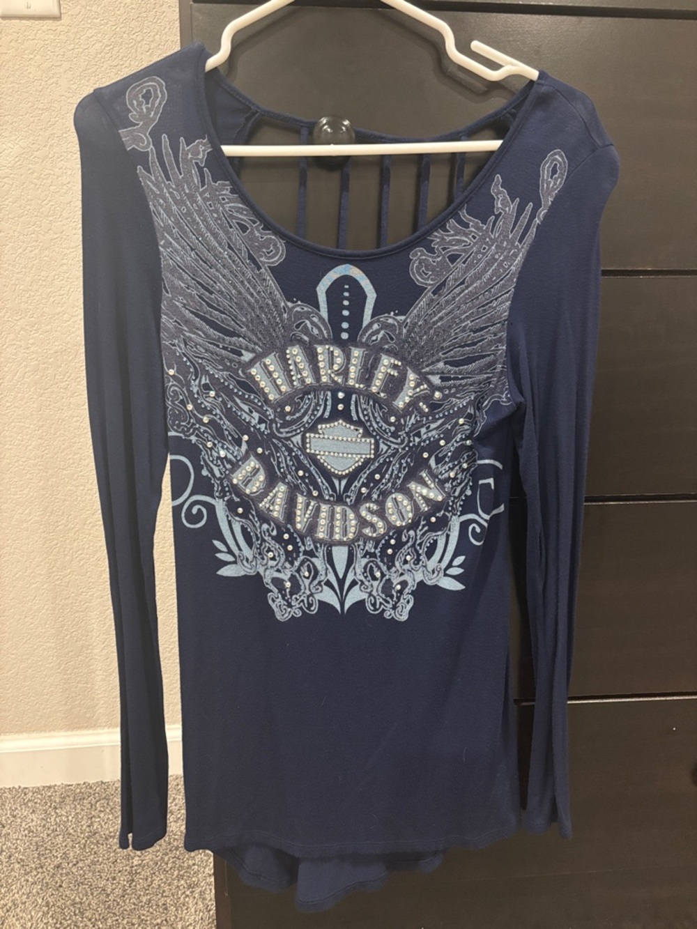 Harley‑Davidson Navy Blue Long Sleeve Graphic Scoop Neck Top